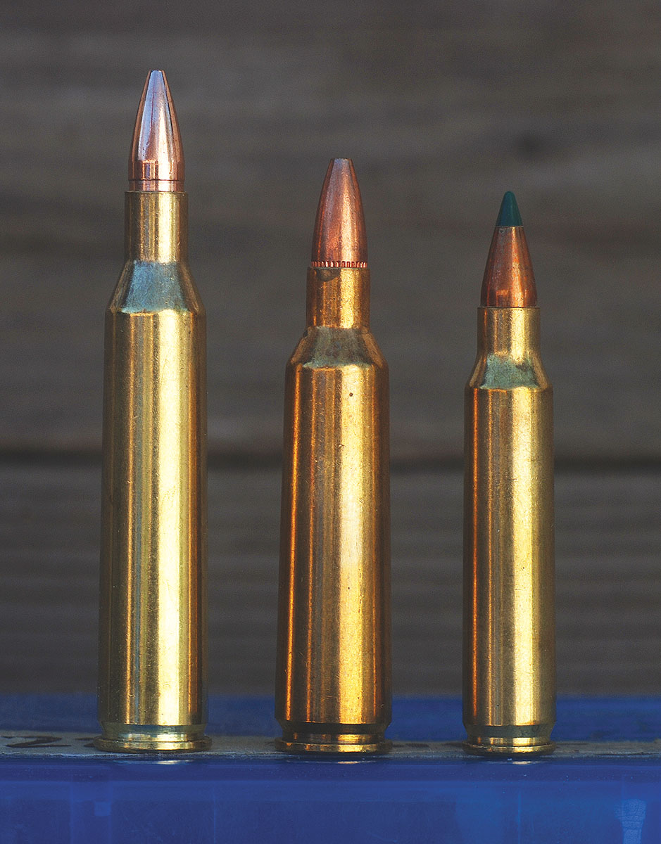 The 220 Swift (left) still has the largest case capacity and highest velocity potential of any factory .22-caliber varmint cartridge on the market, including the 22-250 Remington (center) and the 223 Remington (right).